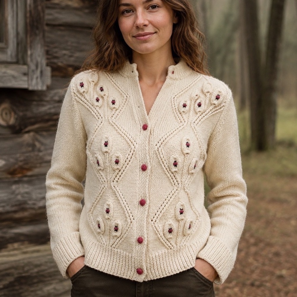 Preswick & Moore Vintage Wool Cardigan Women S Cream Floral Bobble Cottage Core